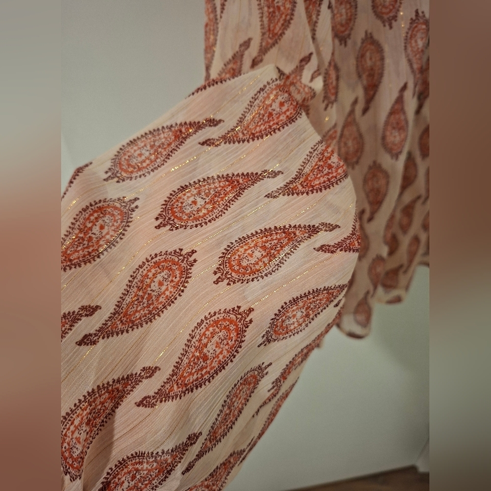 Zara Women's Pink & Gold Paisley Boho Sheer Flowy Puff-sleeve Blouse (Size M/L) - Picture 8 of 10